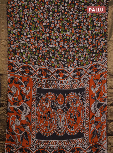 Kalamkari semi silk saree black with allover prints and mangalgiri border