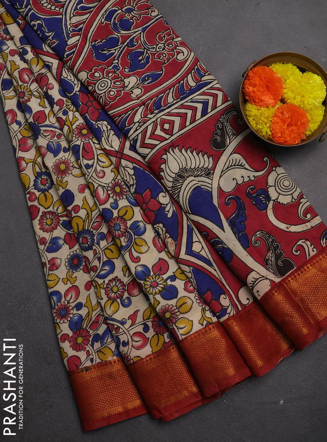 Kalamkari semi silk saree beige and rustic orange with allover prints and mangalgiri border