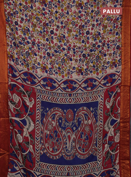 Kalamkari semi silk saree beige and rustic orange with allover prints and mangalgiri border
