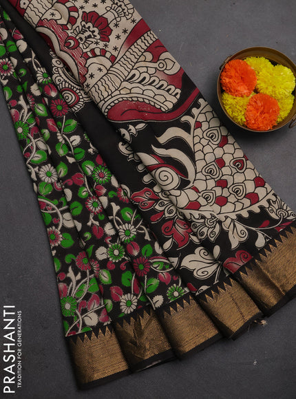 Kalamkari semi silk saree black with allover prints and mangalgiri border