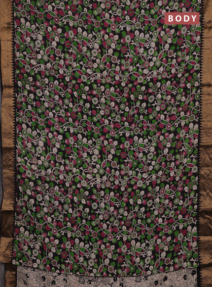 Kalamkari semi silk saree black with allover prints and mangalgiri border