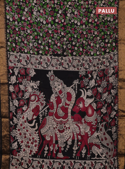 Kalamkari semi silk saree black with allover prints and mangalgiri border