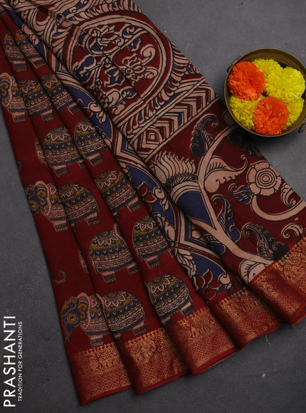 Kalamkari semi silk saree maroon with allover elephant butta prints and mangalgiri border