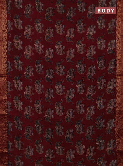 Kalamkari semi silk saree maroon with allover elephant butta prints and mangalgiri border