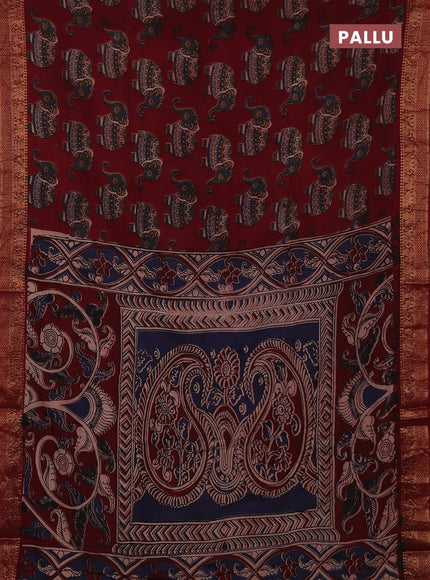 Kalamkari semi silk saree maroon with allover elephant butta prints and mangalgiri border