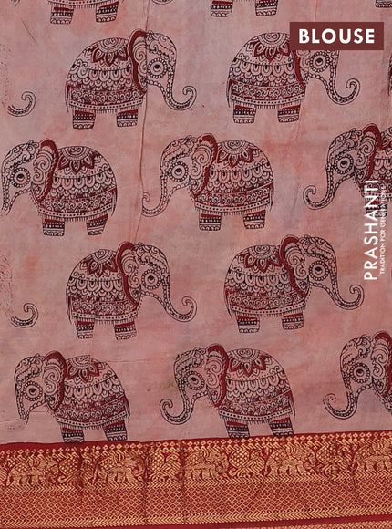 Kalamkari semi silk saree maroon with allover elephant butta prints and mangalgiri border