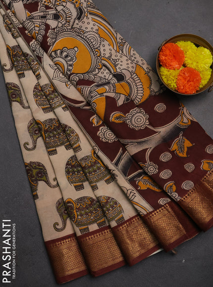 Kalamkari semi silk saree beige and deep maroon with allover elephant butta prints and mangalgiri border