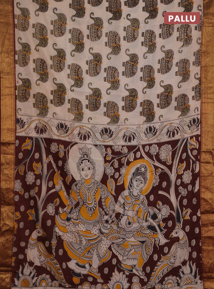 Kalamkari semi silk saree beige and deep maroon with allover elephant butta prints and mangalgiri border