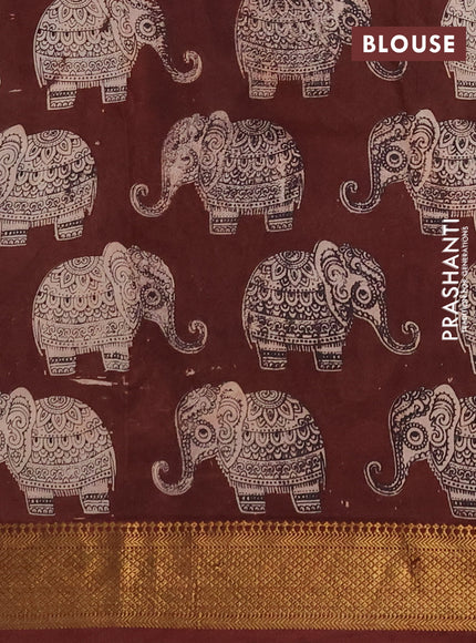 Kalamkari semi silk saree beige and deep maroon with allover elephant butta prints and mangalgiri border
