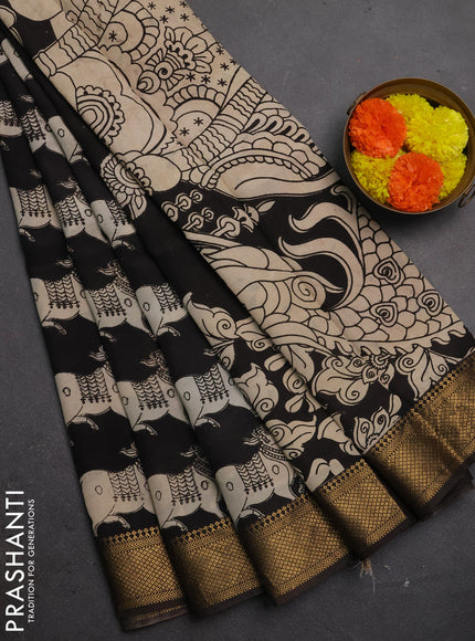 Kalamkari semi silk saree black with allover pichwai butta prints and mangalgiri border