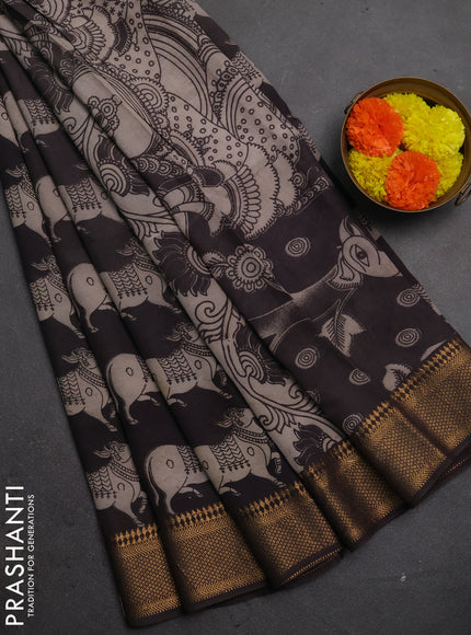 Kalamkari semi silk saree deep coffee brown with allover pichwai butta prints and mangalgiri border