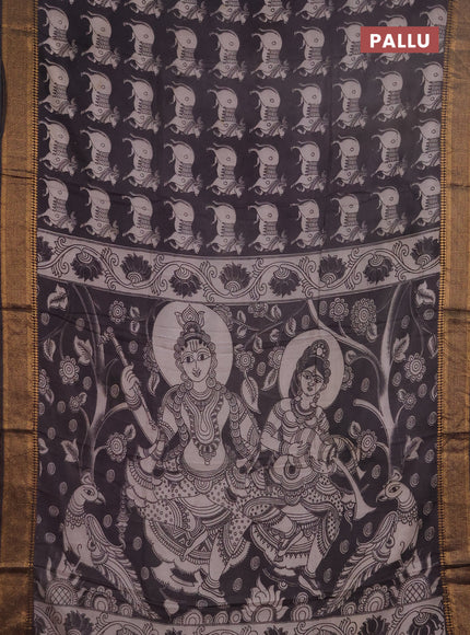 Kalamkari semi silk saree deep coffee brown with allover pichwai butta prints and mangalgiri border