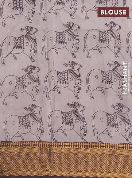 Kalamkari semi silk saree deep coffee brown with allover pichwai butta prints and mangalgiri border
