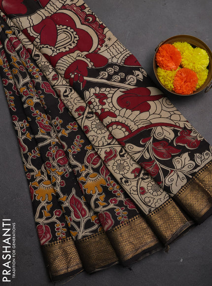 Kalamkari semi silk saree black with allover prints and mangalgiri border