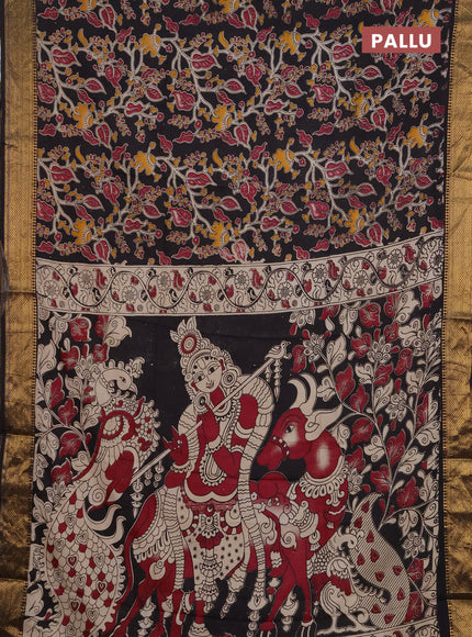 Kalamkari semi silk saree black with allover prints and mangalgiri border