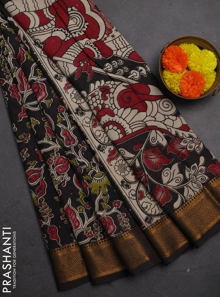 Kalamkari semi silk saree black with allover prints and mangalgiri border