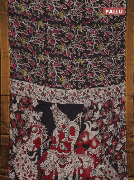 Kalamkari semi silk saree black with allover prints and mangalgiri border