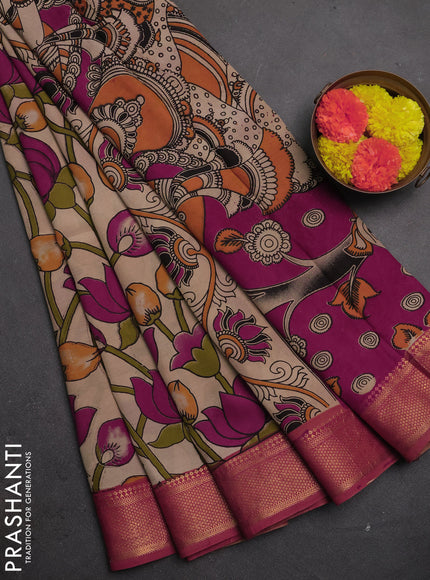 Kalamkari semi silk saree beige and rust shade with allover prints and mangalgiri border
