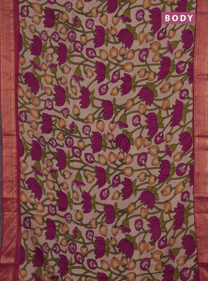 Kalamkari semi silk saree beige and rust shade with allover prints and mangalgiri border