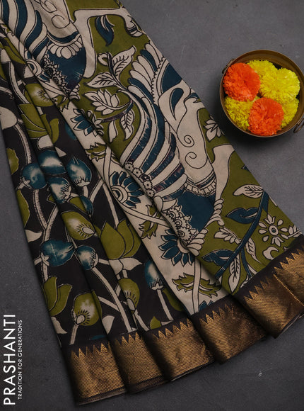 Kalamkari semi silk saree black with allover prints and mangalgiri border