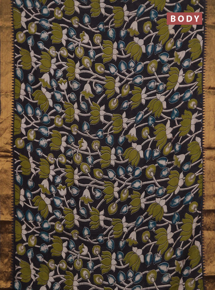 Kalamkari semi silk saree black with allover prints and mangalgiri border