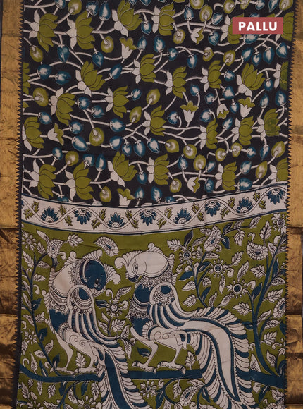 Kalamkari semi silk saree black with allover prints and mangalgiri border