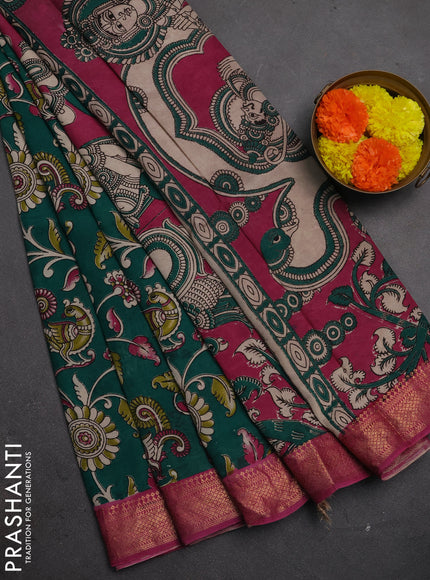 Kalamkari semi silk saree green and magenta pink with allover prints and mangalgiri border