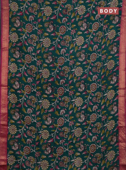 Kalamkari semi silk saree green and magenta pink with allover prints and mangalgiri border