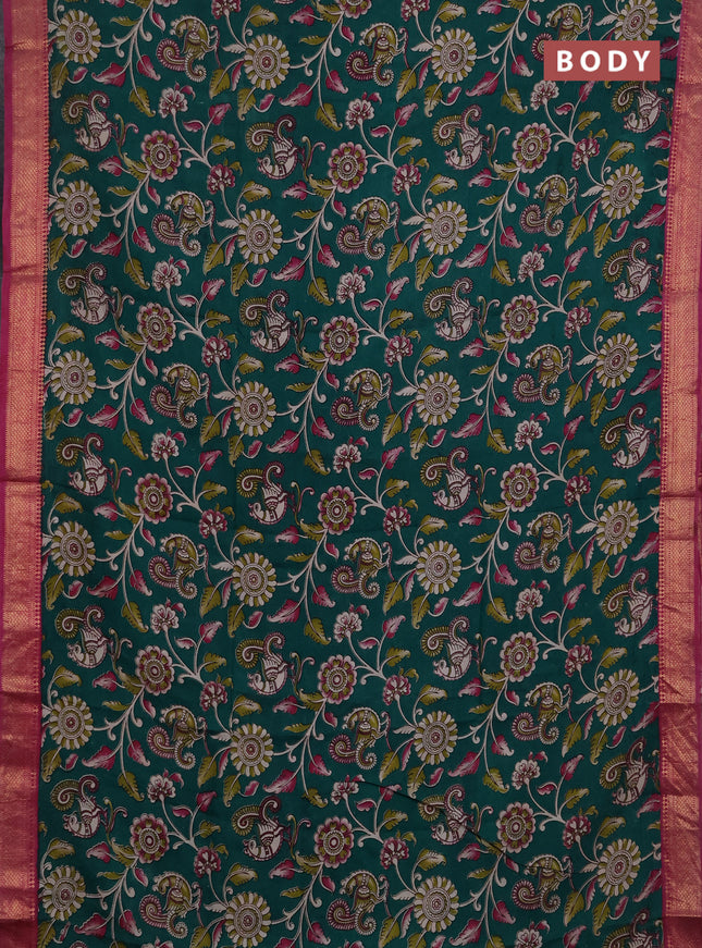 Kalamkari semi silk saree green and magenta pink with allover prints and mangalgiri border