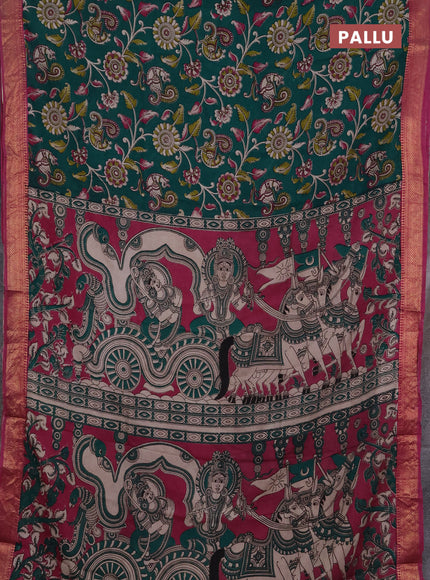 Kalamkari semi silk saree green and magenta pink with allover prints and mangalgiri border