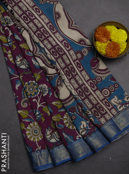 Kalamkari semi silk saree purple and cs blue with allover prints and mangalgiri border