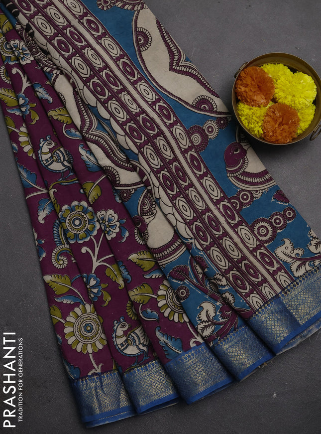 Kalamkari semi silk saree purple and cs blue with allover prints and mangalgiri border