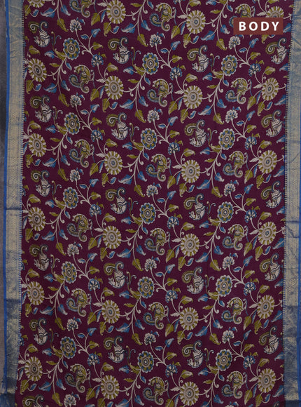 Kalamkari semi silk saree purple and cs blue with allover prints and mangalgiri border