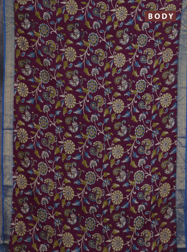 Kalamkari semi silk saree purple and cs blue with allover prints and mangalgiri border