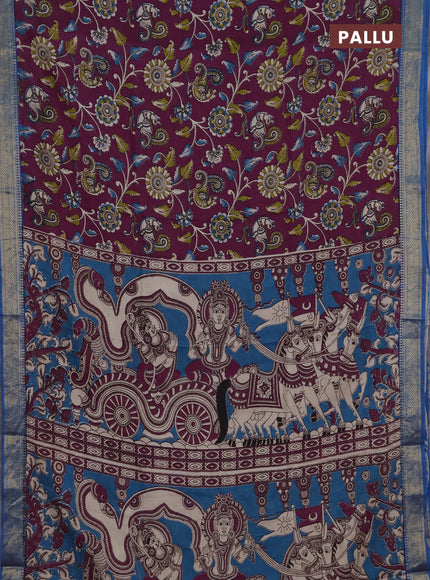 Kalamkari semi silk saree purple and cs blue with allover prints and mangalgiri border