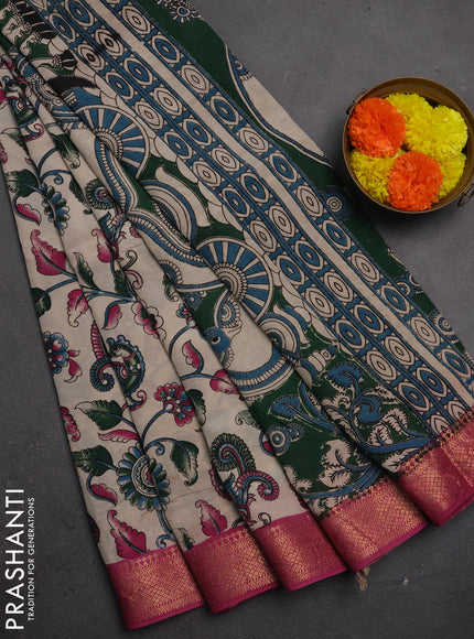 Kalamkari semi silk saree beige and magenta pink with allover prints and mangalgiri border