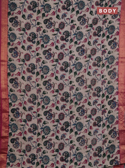 Kalamkari semi silk saree beige and magenta pink with allover prints and mangalgiri border