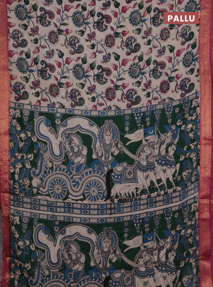Kalamkari semi silk saree beige and magenta pink with allover prints and mangalgiri border