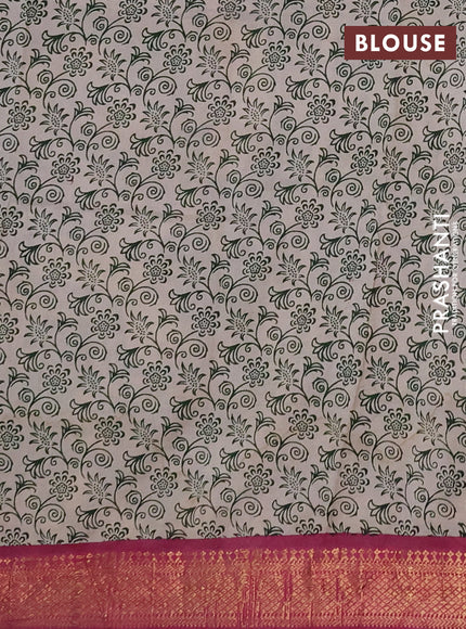 Kalamkari semi silk saree beige and magenta pink with allover prints and mangalgiri border