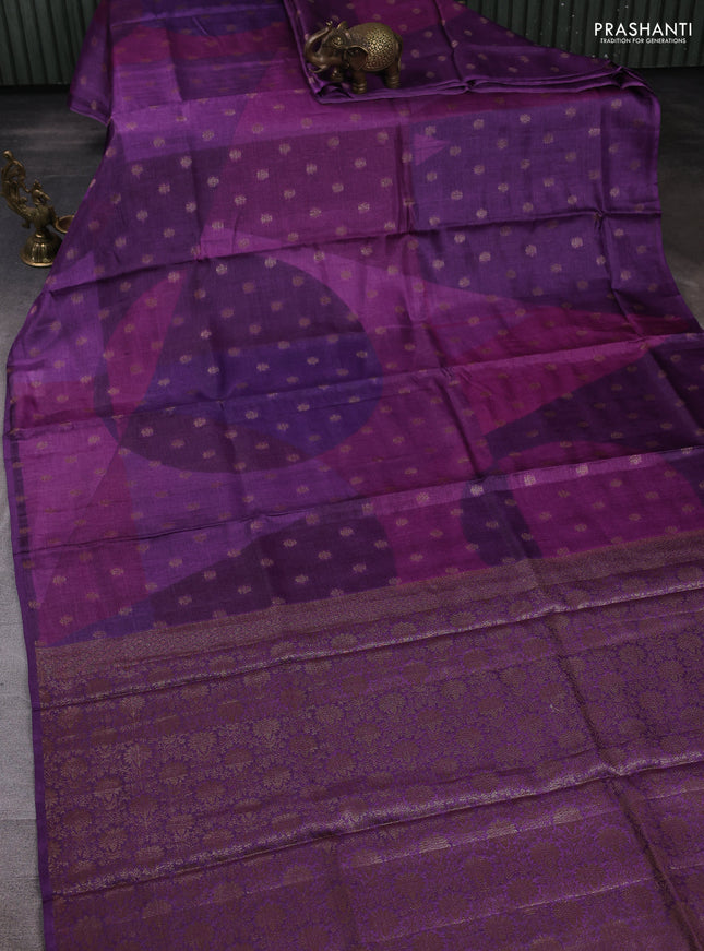 Banarasi tussar silk saree purple with allover prints & woven buttas in borderless style