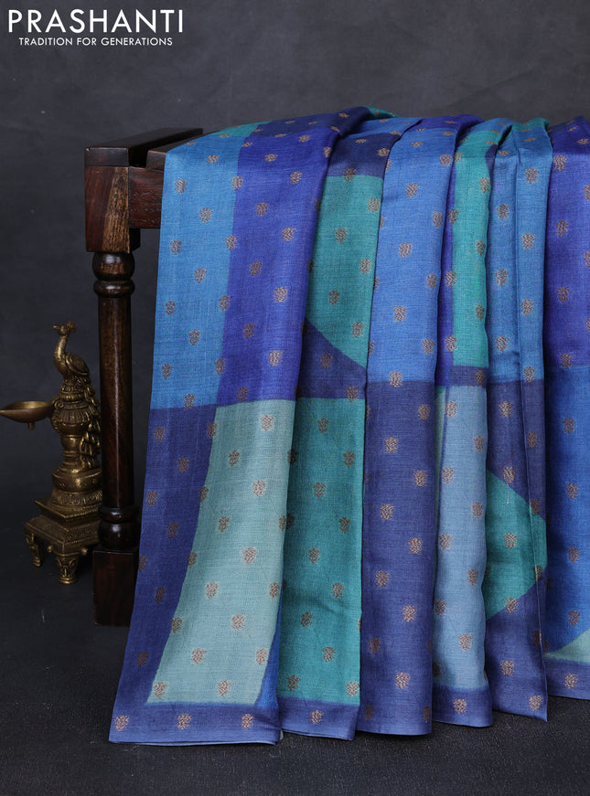 Banarasi tussar silk saree blue with allover prints & woven buttas in borderless style