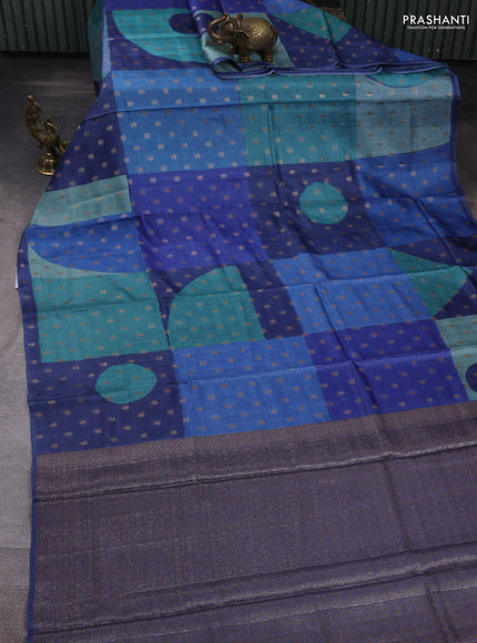 Banarasi tussar silk saree blue with allover prints & woven buttas in borderless style