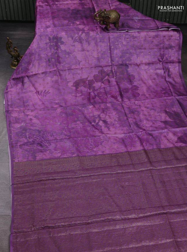 Banarasi tussar silk saree lavender with allover prints & woven buttas in borderless style