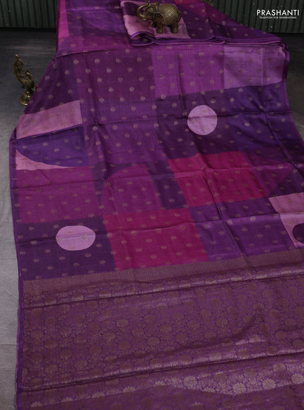 Banarasi tussar silk saree purple with allover prints & woven buttas in borderless style