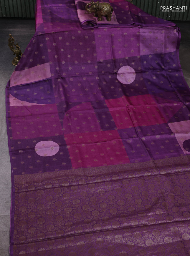 Banarasi tussar silk saree purple with allover prints & woven buttas in borderless style