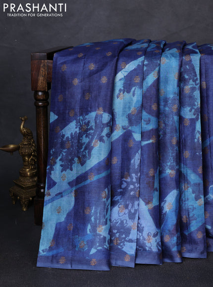 Banarasi tussar silk saree blue with allover prints & woven buttas in borderless style