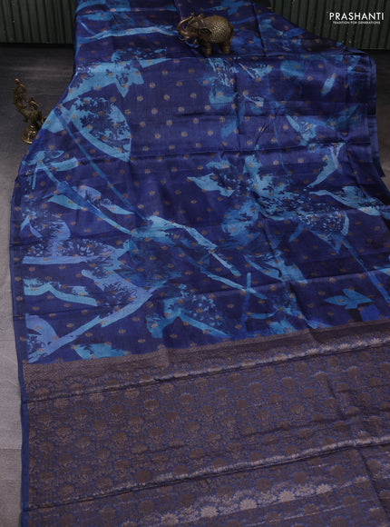 Banarasi tussar silk saree blue with allover prints & woven buttas in borderless style