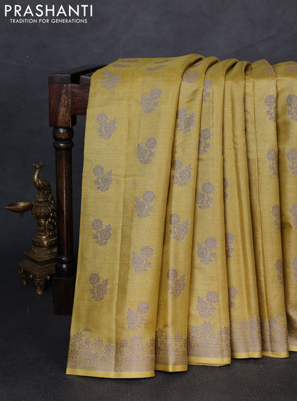 Banarasi tussar silk saree lime yellow with allover woven buttas and woven border