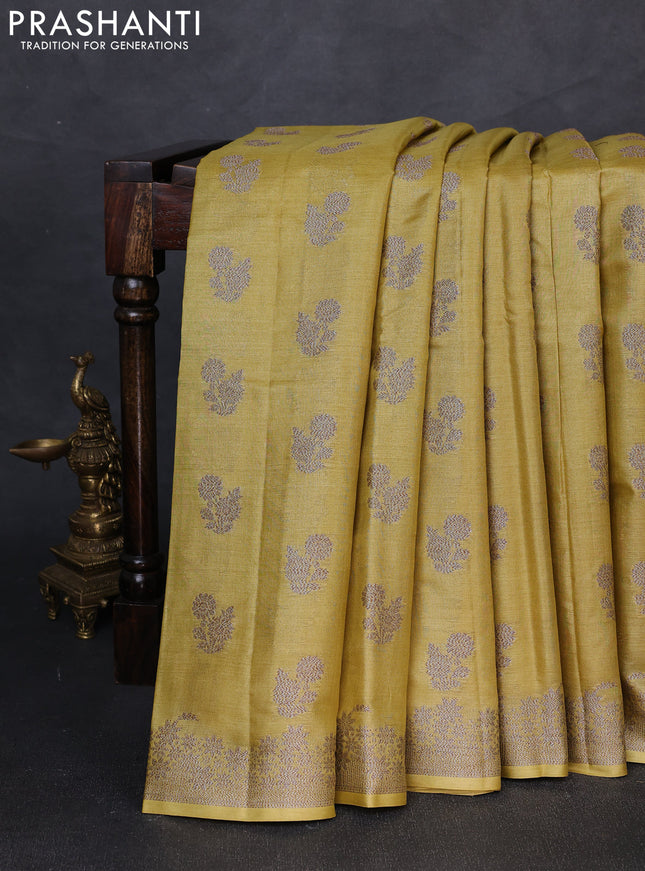 Banarasi tussar silk saree lime yellow with allover woven buttas and woven border