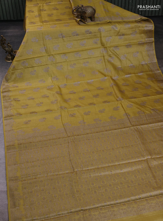 Banarasi tussar silk saree lime yellow with allover woven buttas and woven border